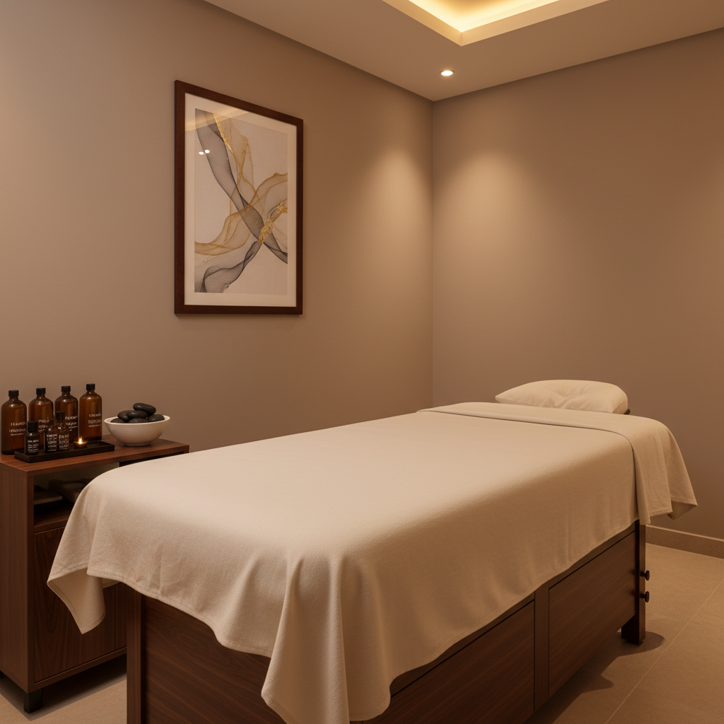 A polished, dark wood massage table draped in a perfectly smooth, cream-colored linen sheet, centered in an elegant treatment room. On a small adjacent sideboard, amber glass bottles of essential oils, neatly labeled in German, stand beside a ceramic bowl filled with smooth basalt stones. The walls are a soft taupe, accented by a single framed minimalist print. Gentle, warm overhead lighting and a hidden LED strip behind the headboard create a serene, evenly lit space. Photographic realism, captured from a slightly elevated corner angle, showcasing the entire setup with balanced composition, ideal for a professional spa website header.