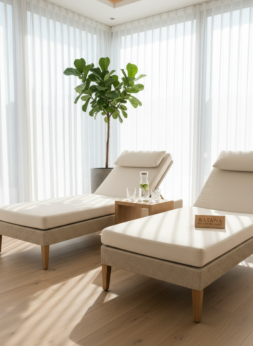 A serene corner of a spa relaxation area featuring two generously sized, cream-colored loungers with soft, textured upholstery, separated by a low oak side table holding a carafe of cucumber-infused water and two crystal-clear glasses. Floor-to-ceiling sheer curtains in white gently diffuse daylight from a large window, casting a soft glow and faint, elegant shadows on the light wood floor. A tall, leafy green plant in a simple stone pot adds natural freshness. Photographic realism, wide-angle shot with sharp focus throughout, conveying a calm, luxurious, and professional environment suitable for unwinding after a massage treatment at Ratana Spa und Massage.