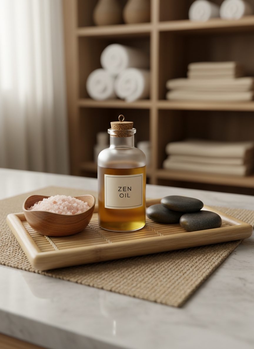 A close-up of a bamboo tray arranged with spa elements: a frosted glass bottle of massage oil, a small wooden bowl overflowing with pink Himalayan salt, and three dark hot stone massage stones aligned in a gentle curve. The tray rests on a beige woven mat atop a light stone countertop. In the softly blurred background, shelves with neatly organized white towels and rolled beige linens suggest a professional massage spa environment. Soft morning light filters through an unseen window, casting gentle highlights and delicate shadows. Photographic realism, shot from a slightly elevated macro perspective, with a shallow depth of field to emphasize texture, cleanliness, and refined tranquility.