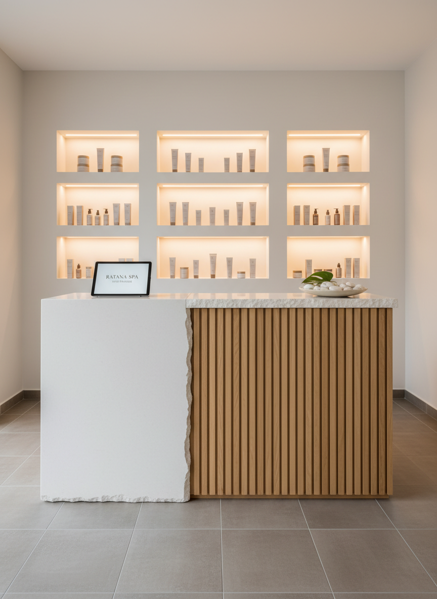 An inviting spa reception counter made of matte white stone with a natural edge, fronted by vertical light oak slats, standing in a minimalist lobby. Atop the counter sits a sleek tablet displaying “Ratana Spa und Massage” and a small arrangement of white stones surrounding a single green leaf in a shallow ceramic dish. Behind, built-in shelving with soft, indirect backlighting holds neatly arranged skincare products in neutral-toned packaging. Large-format porcelain tiles in warm grey cover the floor. Even, warm studio-style lighting creates a bright yet soothing ambiance. Photographic realism, composed using the rule of thirds from an eye-level angle, emphasizing professionalism and order.