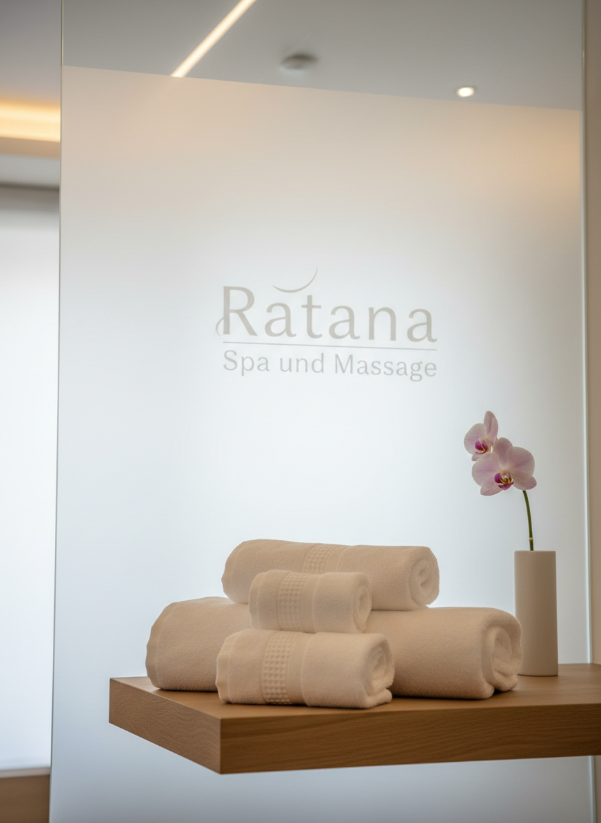 A neatly folded stack of plush, snow-white spa towels with subtle textured borders, resting on a smooth, light oak shelf in a tranquil massage room. Behind them, a frosted glass wall with the discreet logo “Ratana Spa und Massage” etched into it catches soft, diffused daylight. A single pale lavender orchid in a slim ceramic vase adds a gentle accent of color. Warm, indirect ceiling lights create a calm, even glow with minimal shadows. Photographic realism, shot at eye level with a shallow depth of field, keeping the towels crisply sharp while the background melts into a soothing blur, evoking a professional, immaculate, and welcoming atmosphere.